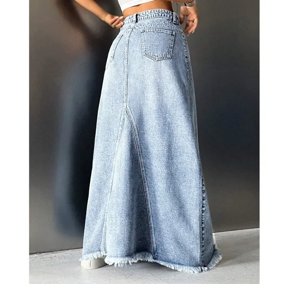 Boho Light Wash Raw hem Jean Denim Pockets Maxi Skirt - Picture 3 of 6